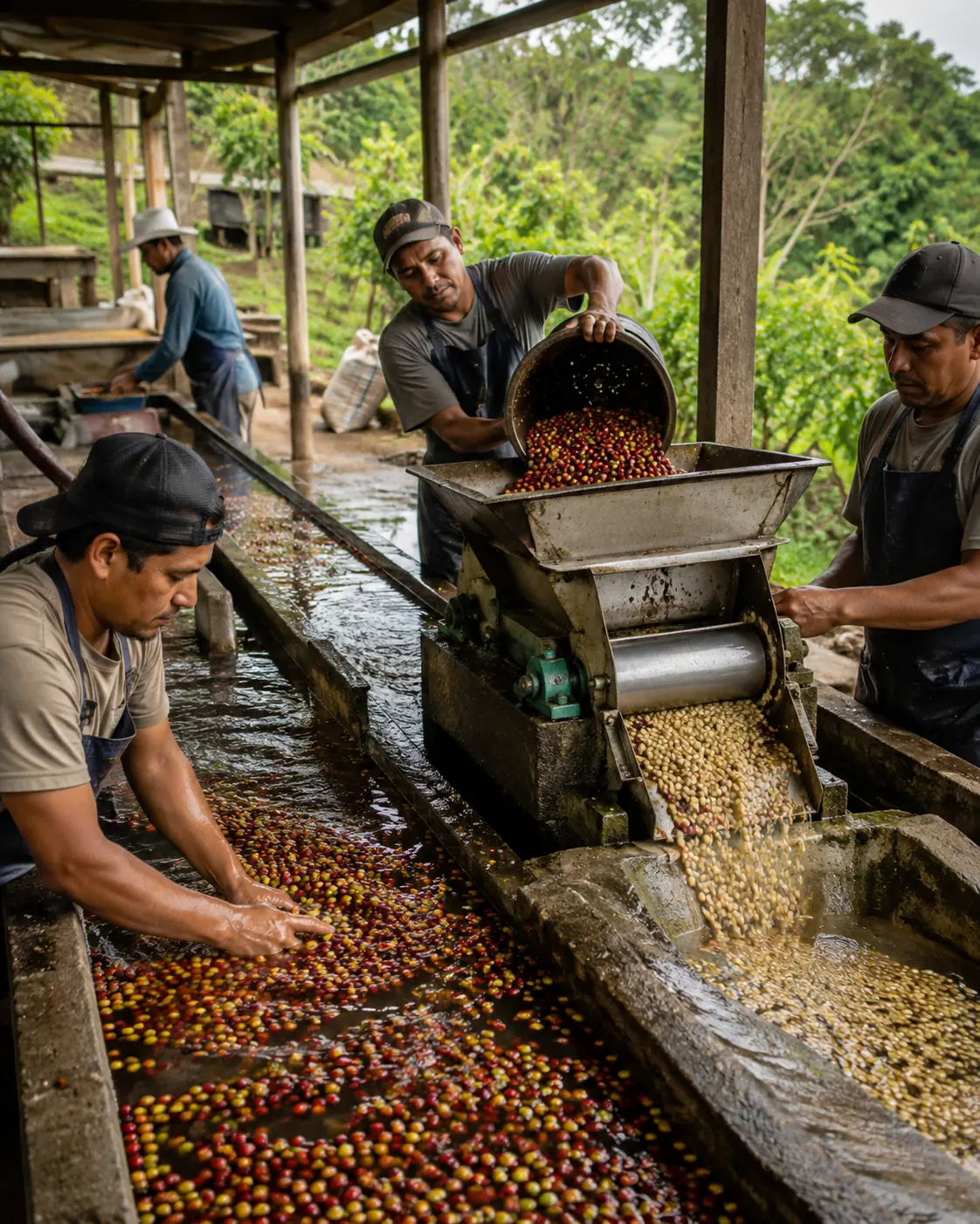 Coffee cherry reception, flotation and pulping