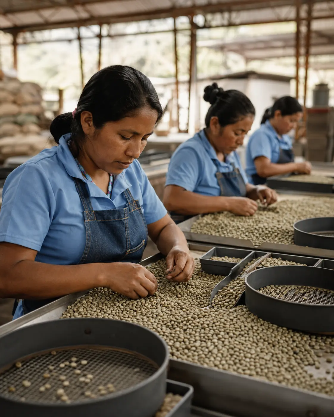 Dry milling, sorting and grading green coffee